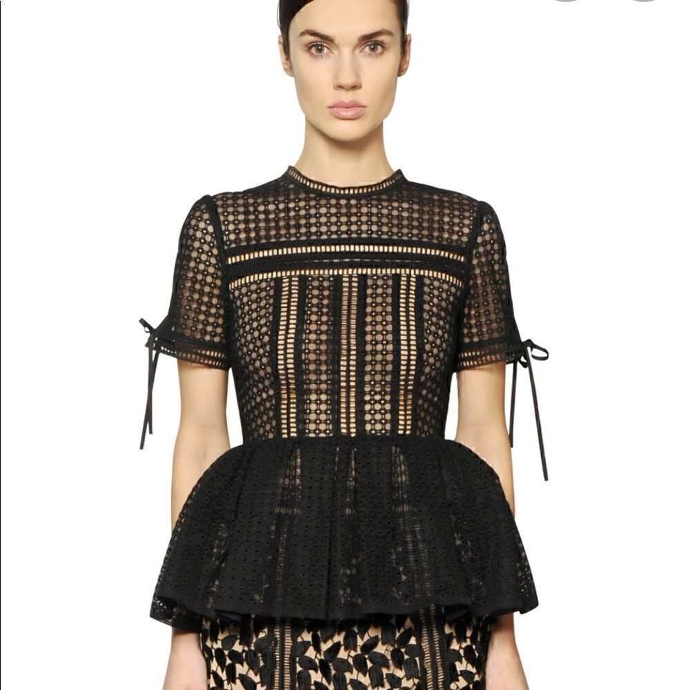 Black Self Portrait Eyelet Peplum Top